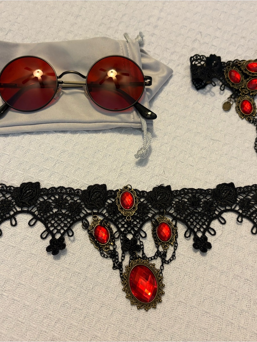 Round Red Lens Sunglasses with Gothic Black Lace Choker